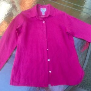 talbots pink linen long sleeve top
